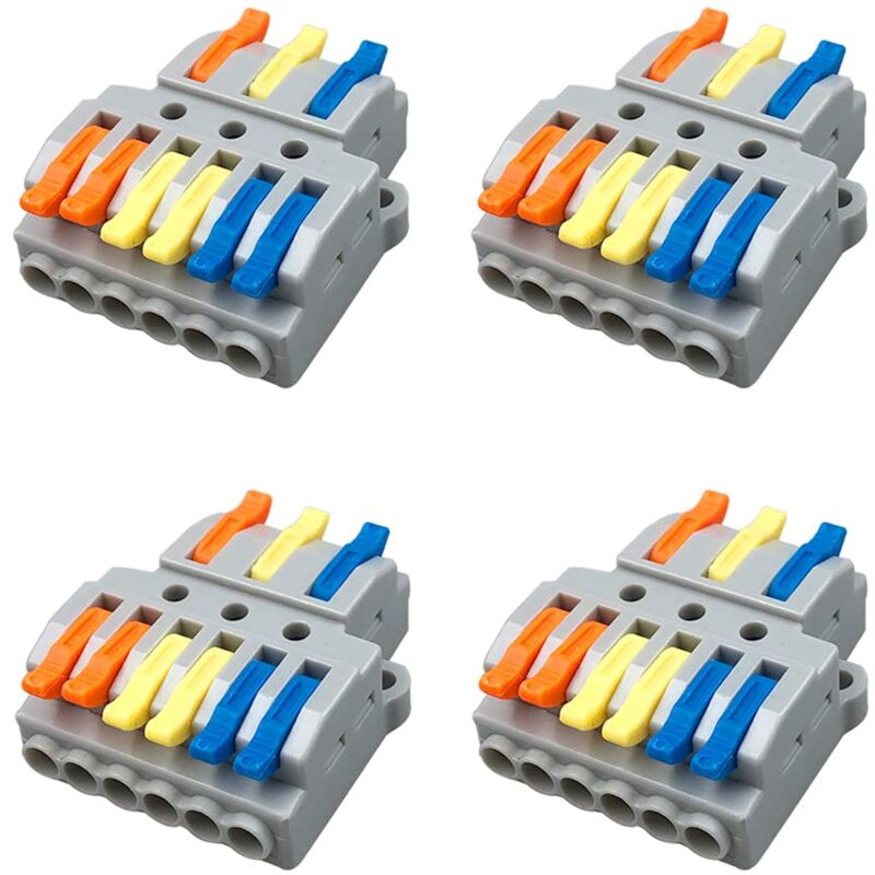 foto del prodotto sollbry set di 4 connettori per cavi con leva e dado, connettori per cavi compatti con conduttore 3 in 6 out, morsettiera con connettore a molla