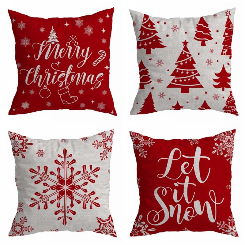 foto del prodotto sollbry set di 4 federe decorative per cuscini natalizi in velluto con motivo merry christmas, con alberi rossi e fiocchi di neve, per divani e