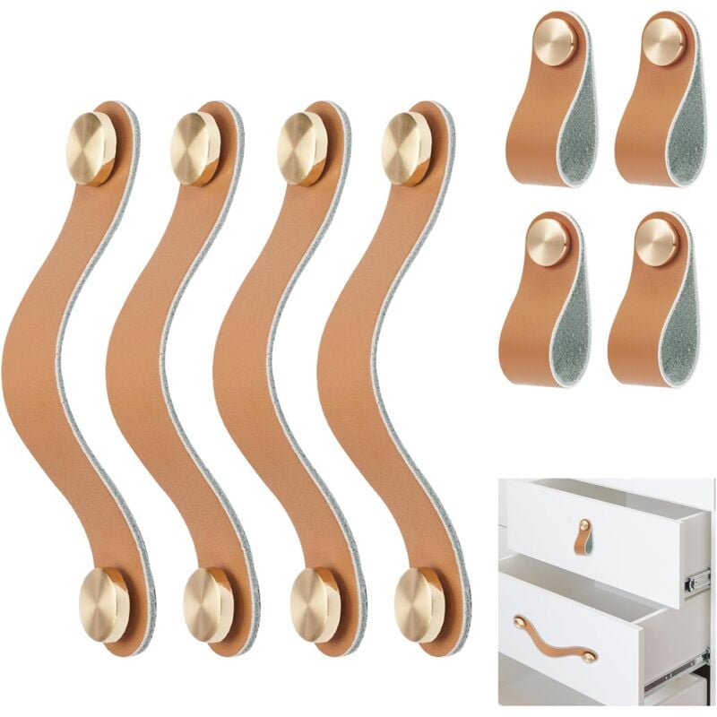 foto del prodotto sollbry set di 4 maniglie per ante da cucina, maniglie per mobili in pelle vintage, pomelli per porte in pelle con fibbie in ottone e viti,