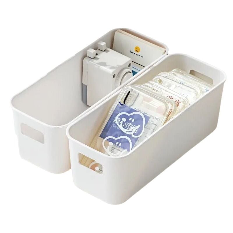 foto del prodotto sollbry set di 4 piccole scatole di plastica bianche impilabili senza coperchio con manici per ufficio, cucina, bagno, guardaroba
