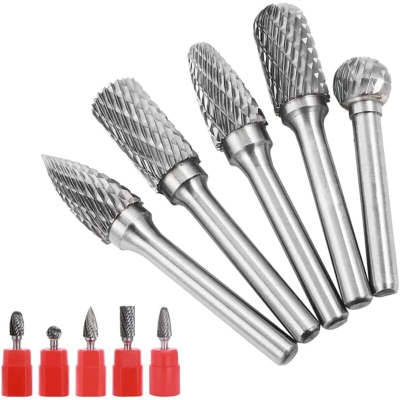 foto del prodotto sollbry set di 5 frese rotanti in carburo di tungsteno da 6 x 8 mm, frese rotanti in metallo con gambo da 6 mm, lima rotante, frese rotanti a