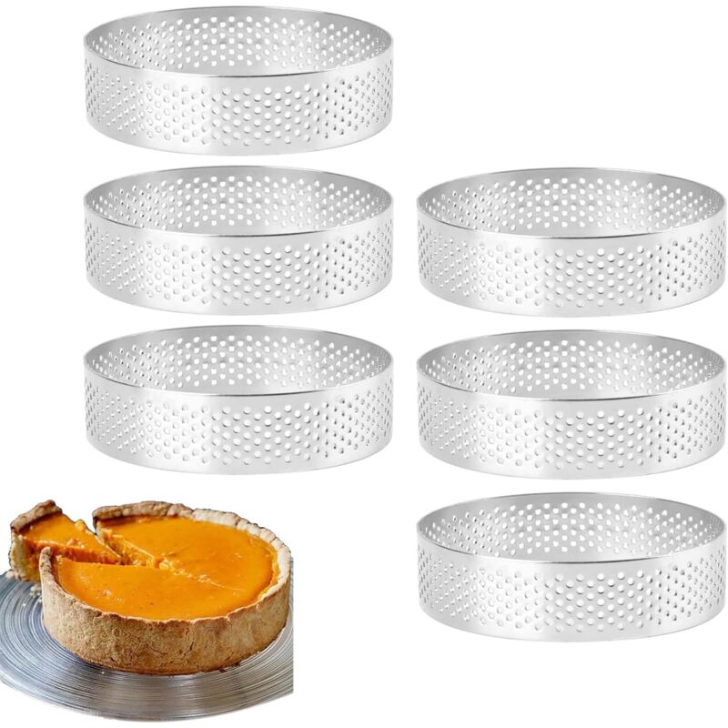 foto del prodotto sollbry set di 6 anelli per crostate in acciaio inox da 8 cm, forma circolare, resistenti al calore, perforati per torte mousse.