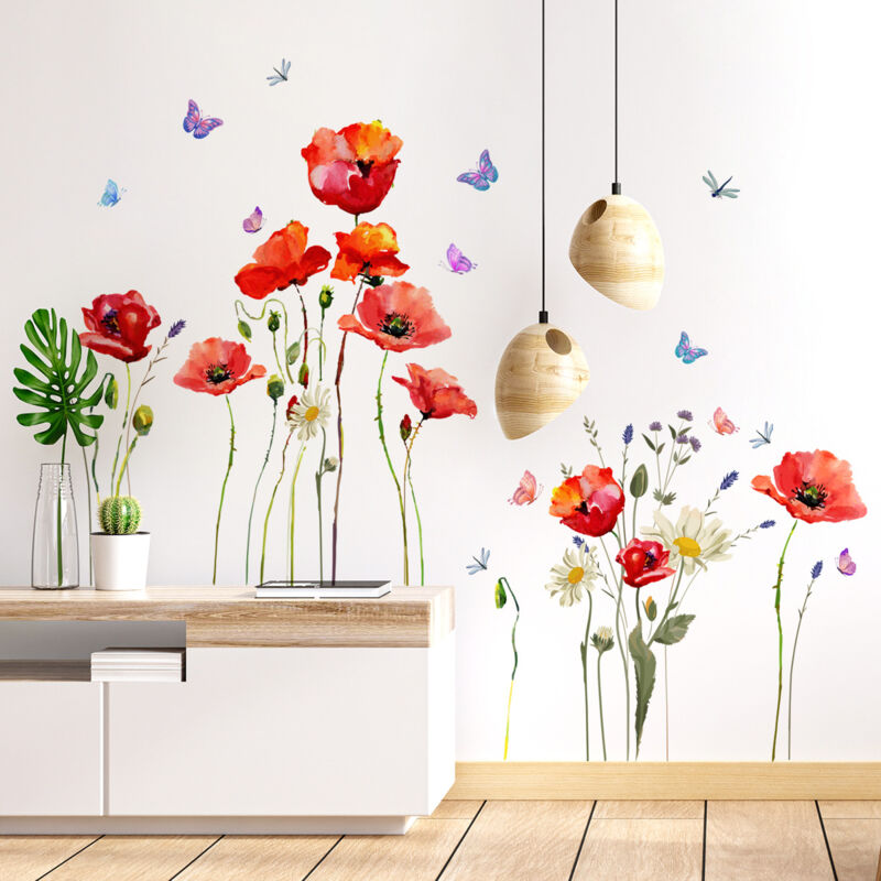 foto del prodotto sollbry set di adesivi murali con fiori di papavero rosso, adesivi murali con farfalle floreali, adesivi murali fai da te rimovibili, decorazioni