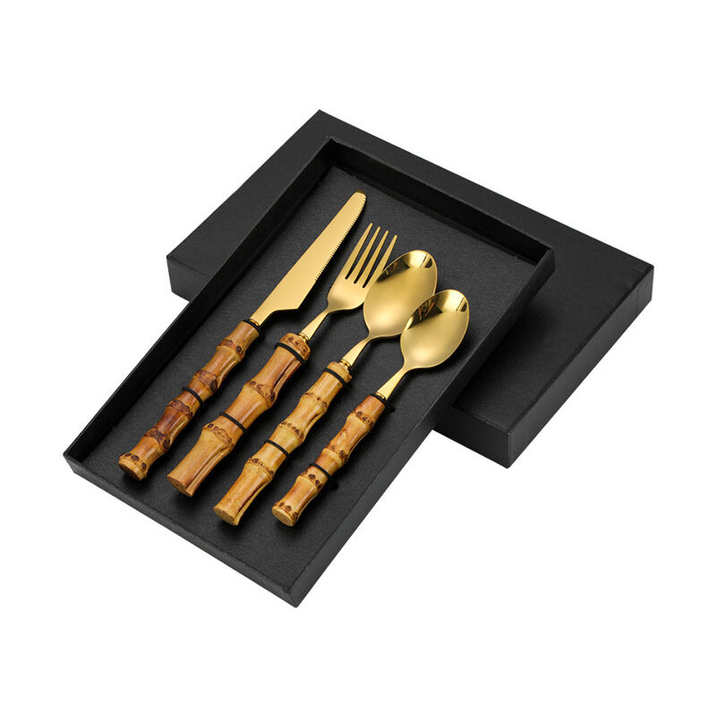 foto del prodotto sollbry set di utensili da cucina in acciaio inossidabile, coltello da bistecca, forchetta e cucchiaio set da 4 pezzi manico in acciaio