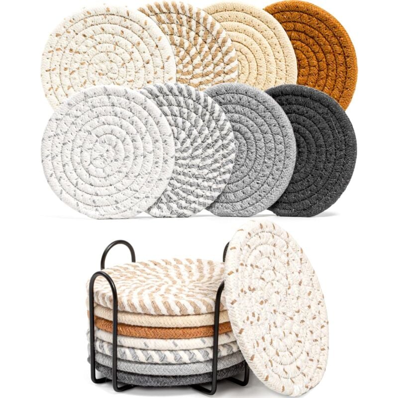 foto del prodotto sollbry sottobicchieri con supporto, 8 colori, sottobicchieri assorbenti per bevande, sottobicchieri minimalisti in cotone intrecciato per tavolino