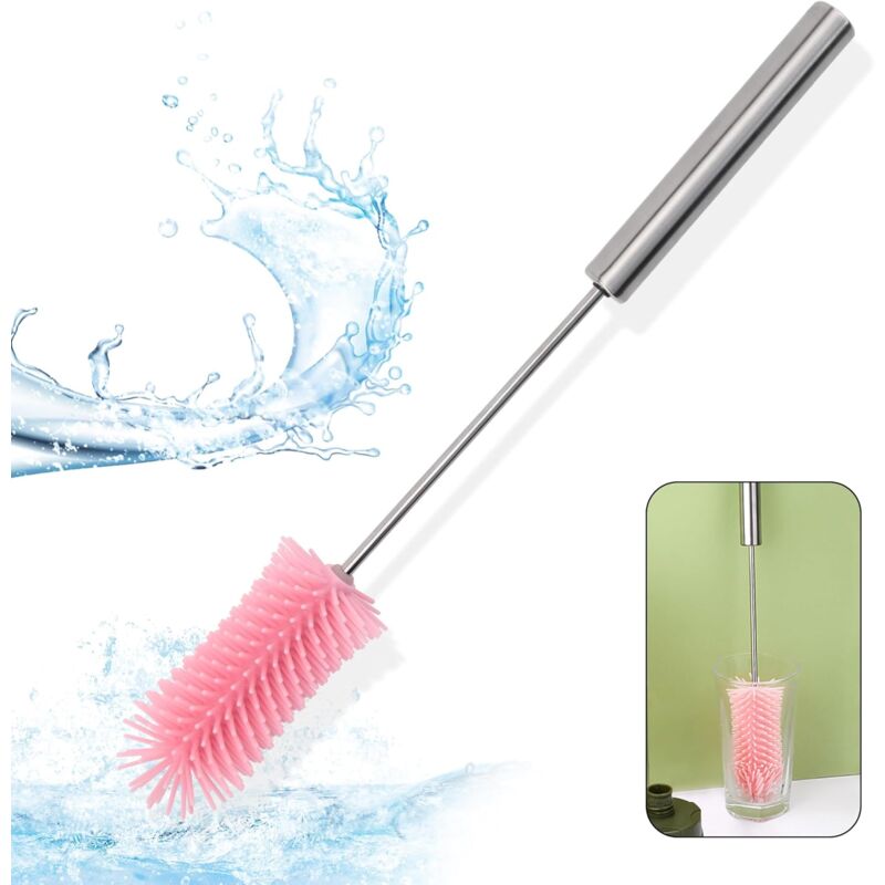 foto del prodotto sollbry spazzola per bottiglie rosa silicone manico lungo lunghezza 37 cm funzione rotante per pulizia profonda bottiglia d acqua,