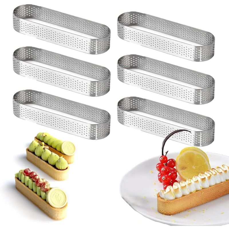 foto del prodotto sollbry stampo per crostatine ovale in acciaio inox, confezione da 6, resistente al calore, perforato per torte mousse 13 x 4,5 x 2 cm 