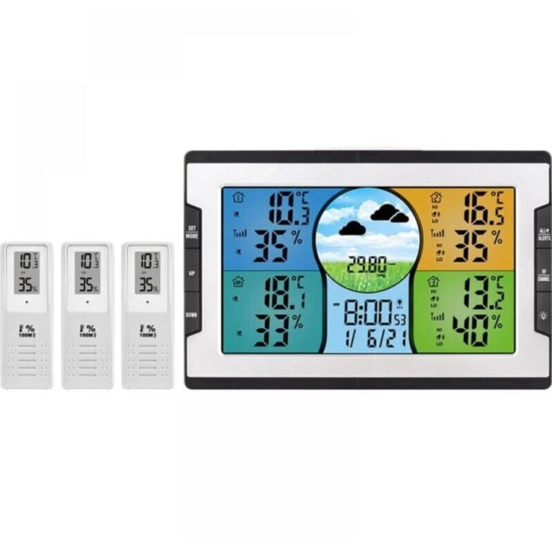 foto del prodotto sollbry stazione meteorologica radio con 3 sensori esterni, display digitale a colori, termometro, igrometro, barometro, previsioni del tempo,