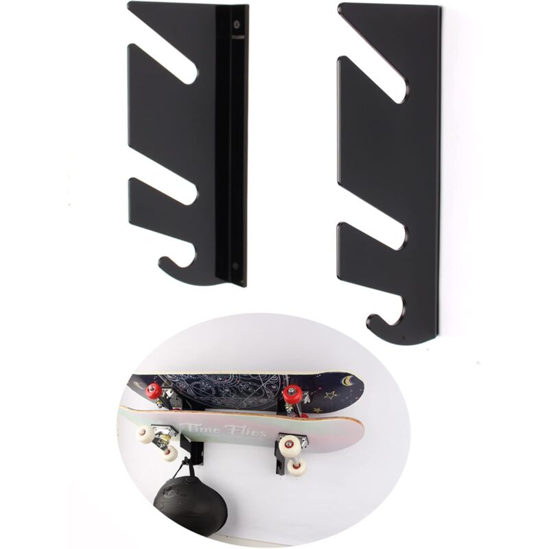 foto del prodotto sollbry supporto da parete per skateboard, 2 pezzi, doppio scaffale da parete con ganci portaoggetti per skateboard, snowboard e longboard.