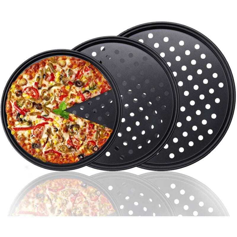 foto del prodotto sollbry teglia rotonda per pizza antiaderente con fori perforati, 3 pezzi teglia per pizza in acciaio al carbonio da 24 cm, 28 cm, 32 cm per forno