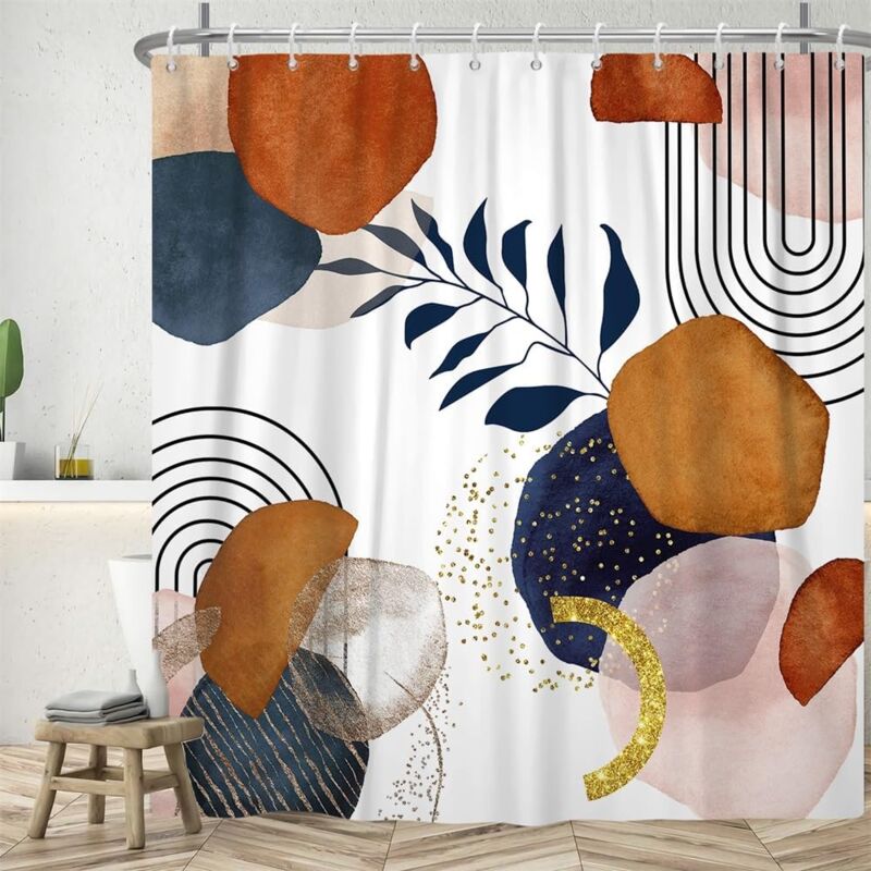 foto del prodotto sollbry tenda da doccia astratta, tenda da doccia in terracotta boho, con linee nere, tenda da bagno antimuffa, impermeabile, in poliestere,