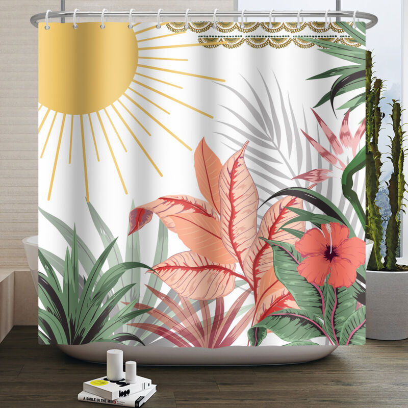 foto del prodotto sollbry tenda da doccia boho leaves 180x180 cm, moderna arte astratta con foglie verdi e fiori bianchi, tenda da bagno in tessuto lavabile e