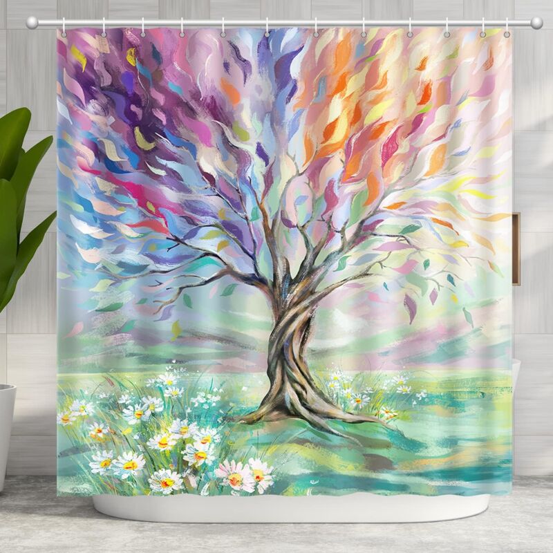 foto del prodotto sollbry tenda da doccia con albero dipinto a olio, tenda da doccia colorata con gancio, tessuto in poliestere, lavabile, spessa, decorazione per casa
