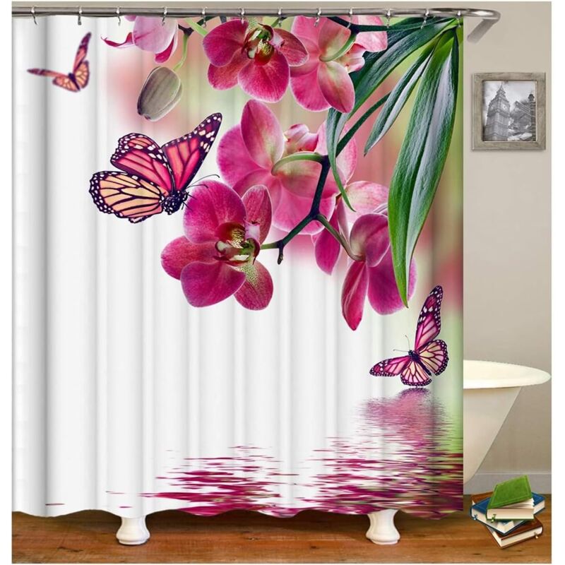 foto del prodotto sollbry tenda da doccia con fiori e farfalle retr , tenda da doccia bianca e rosa, tenda da bagno 180x180 cm