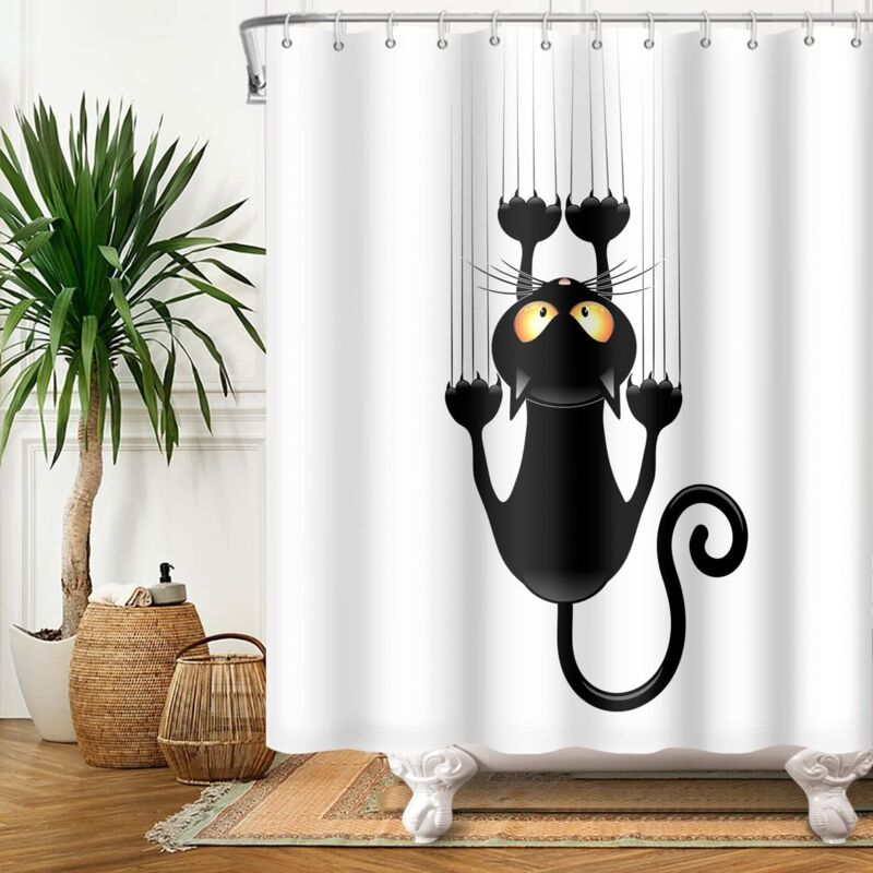 foto del prodotto sollbry tenda da doccia con motivo gatto nero con zampe di hashish, 150x180 cm, con sfondo bianco, in poliestere, con ganci.