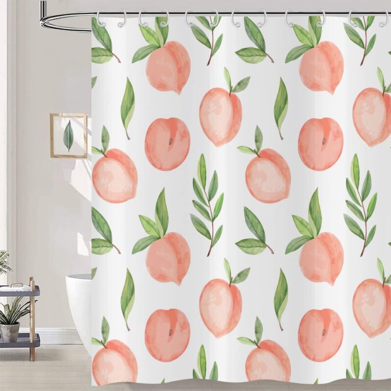 foto del prodotto sollbry tenda da doccia rosa pesca 180x180, tenda da doccia con frutta e foglie verdi, tenda da bagno colorata e luminosa, in tessuto di poliestere