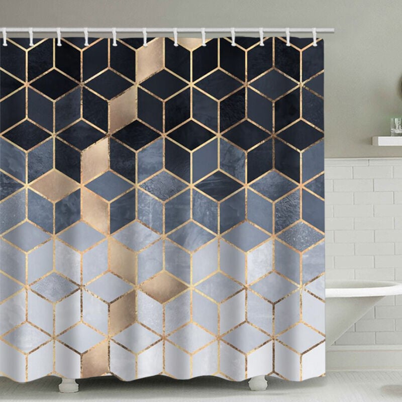 foto del prodotto sollbry tenda da doccia sfumata blu, set di tende da doccia geometriche moderne, set di linee cubiche dorate per il bagno