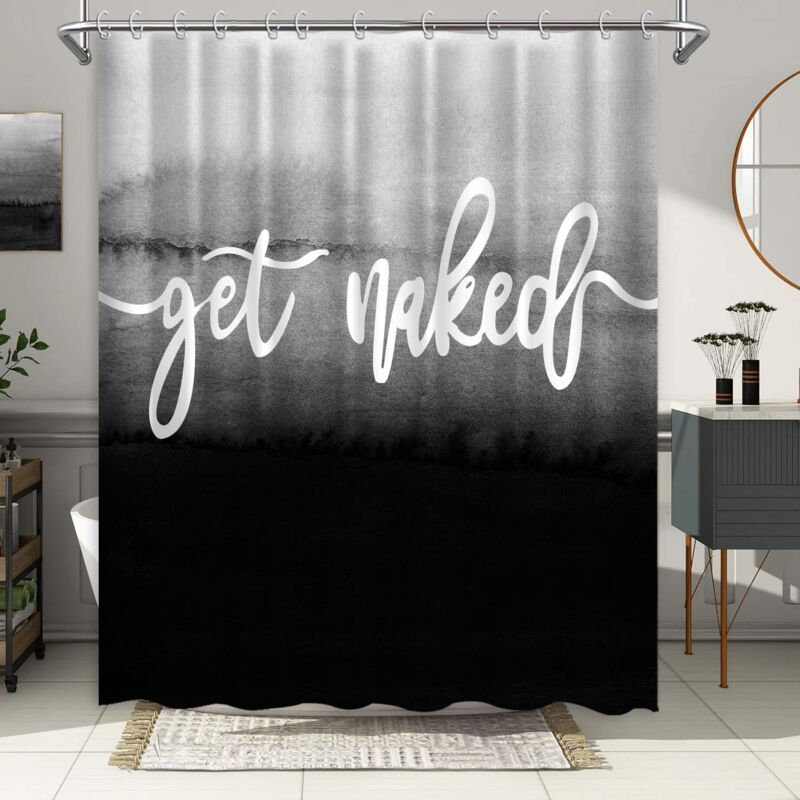 foto del prodotto sollbry tenda da doccia sfumata nera con effetto sfumato, da grigio bianco a nero, con divertenti caratteri artistici e parole, lavabile in