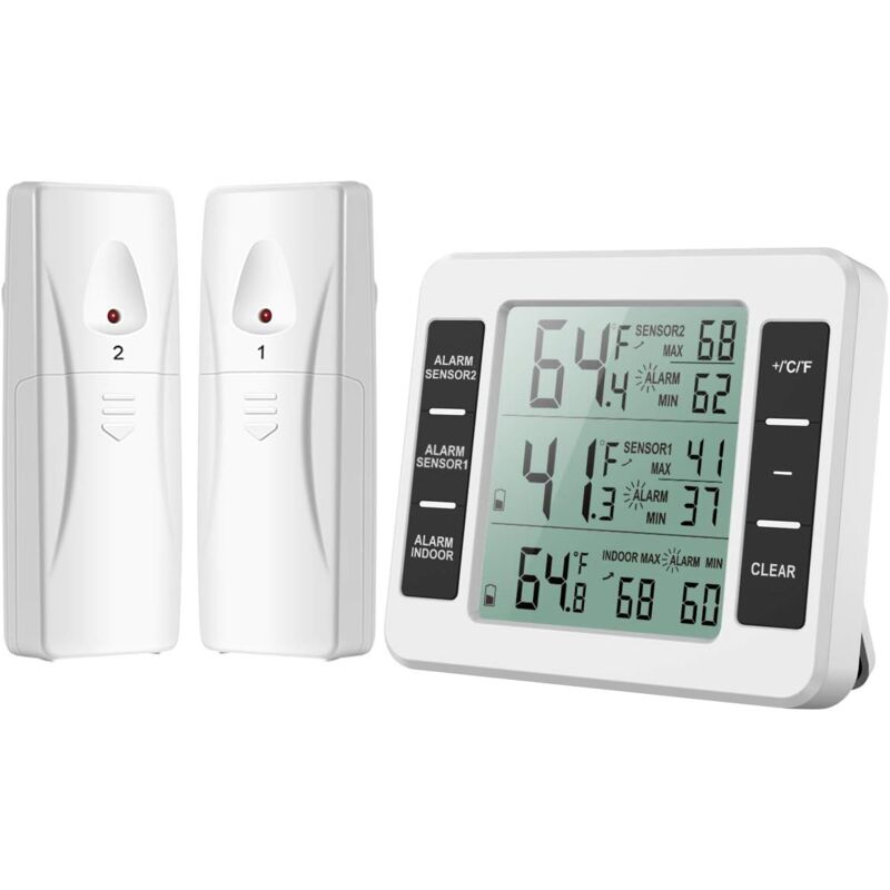 foto del prodotto sollbry termometro per frigorifero, termometro per frigorifero con allarme congelatore, termometro wireless per interni ed esterni con 2 sensori,