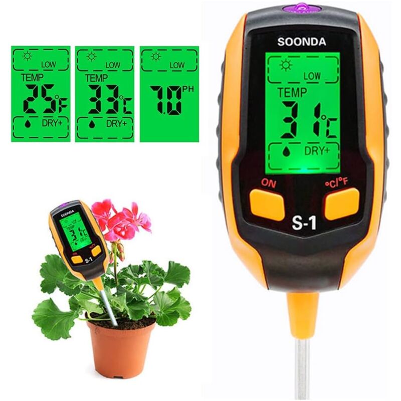 foto del prodotto sollbry tester del terreno 4 in 1, misuratore di umidit , misuratore di ph, kit digitale per il test del terreno, test di ph, temperatura, luce