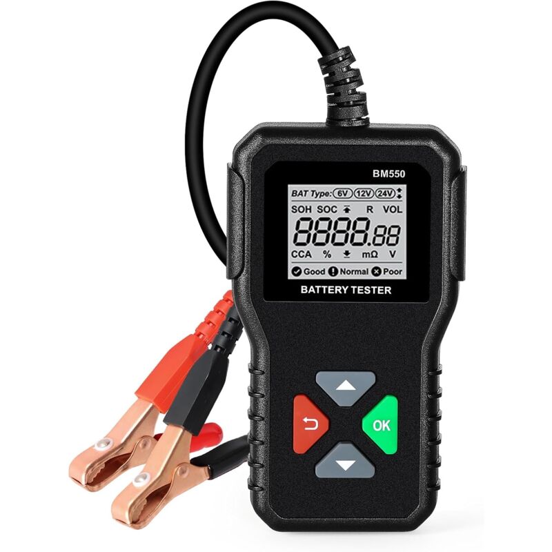 foto del prodotto sollbry tester per batteria auto, bm550 tester per batteria auto 6v 12v 24v con test di tensione da 100 a 2000 cca analizzatore per batteria per