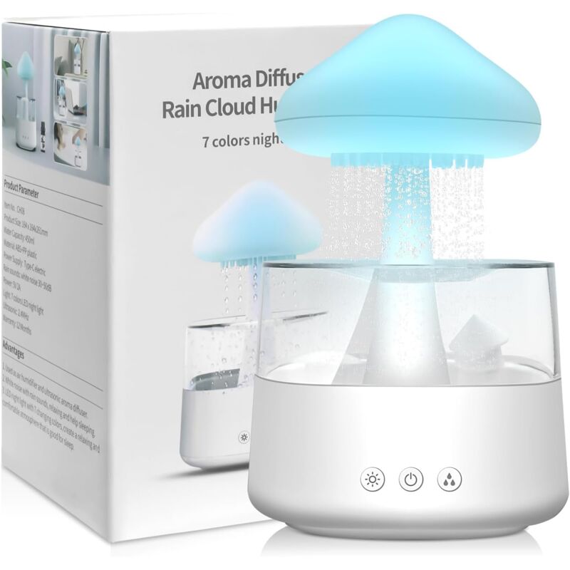 foto del prodotto sollbry umidificatore d aria rain lamp da 450 ml, diffusore di oli essenziali, umidificatore a forma di nuvola con luci led a 7 colori, lampada a