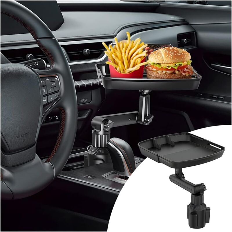foto del prodotto sollbry vassoio portabicchieri per auto, tavolino multifunzionale per auto con scomparto per cellulare, vassoio girevole universale regolabile a