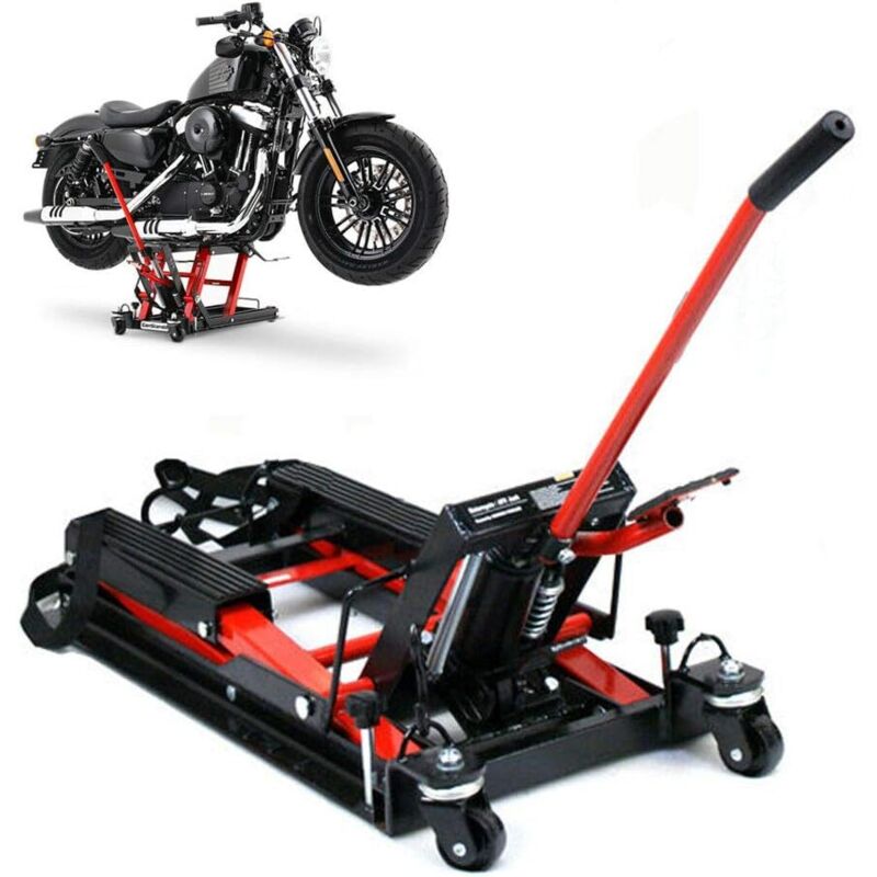 foto del prodotto solleva moto, cric per moto idraulico 680 kg, martinetto per moto, cavalletto di montaggio sollevatore, colore nero rosso