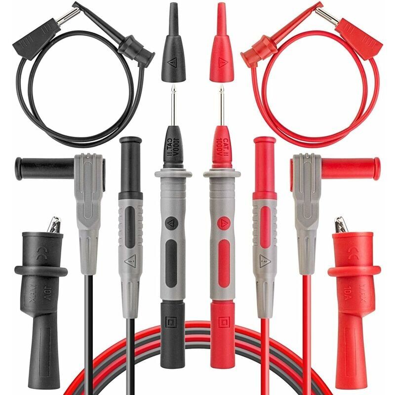 foto del prodotto sonde per multimetro, cavo per test elettrico include clip a coccodrillo, mini impugnatura per filo, piccoli ganci e sonde per test