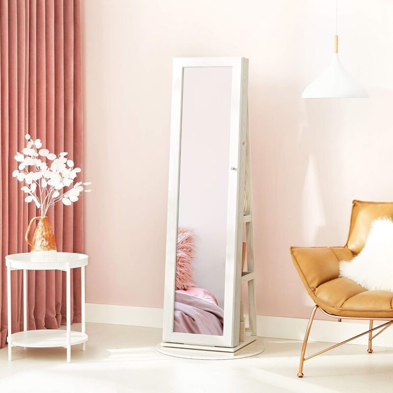 foto del prodotto songmics armadietto portagioie girevole, specchiera portagioielli da terra 3 in 1, organizzatore per cosmetici, con ripiani e serratura, stile