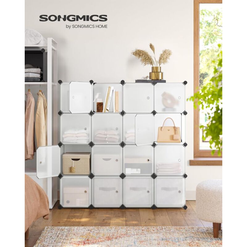foto del prodotto songmics armadio a 16 cubi, portaoggetti organizzatore, armadietto mobiletto con ante, per abiti scarpe libri, facile da assemblare, bianco