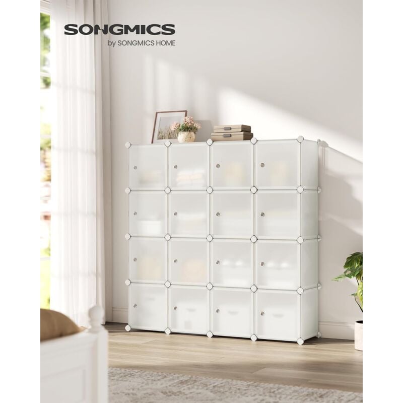 foto del prodotto songmics armadio a 16 cubi, portaoggetti organizzatore, armadietto mobiletto con ante, per abiti scarpe libri, facile da assemblare, bianco crema