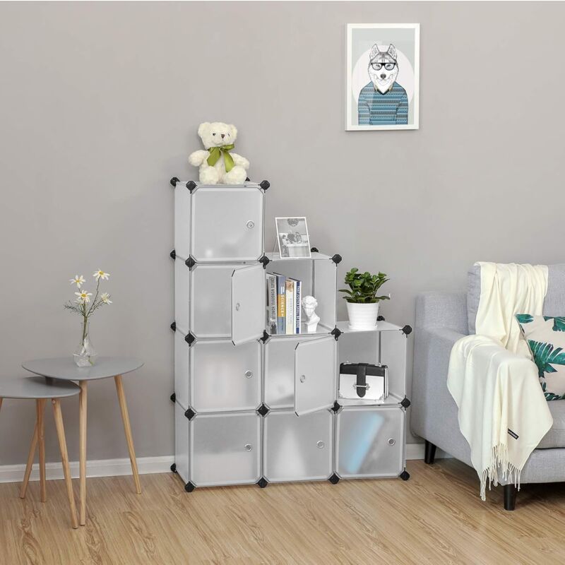 foto del prodotto songmics armadio a 9 cubi, portaoggetti organizzatore, armadietto mobiletto con ante, per abiti scarpe libri, facile da assemblare, bianco