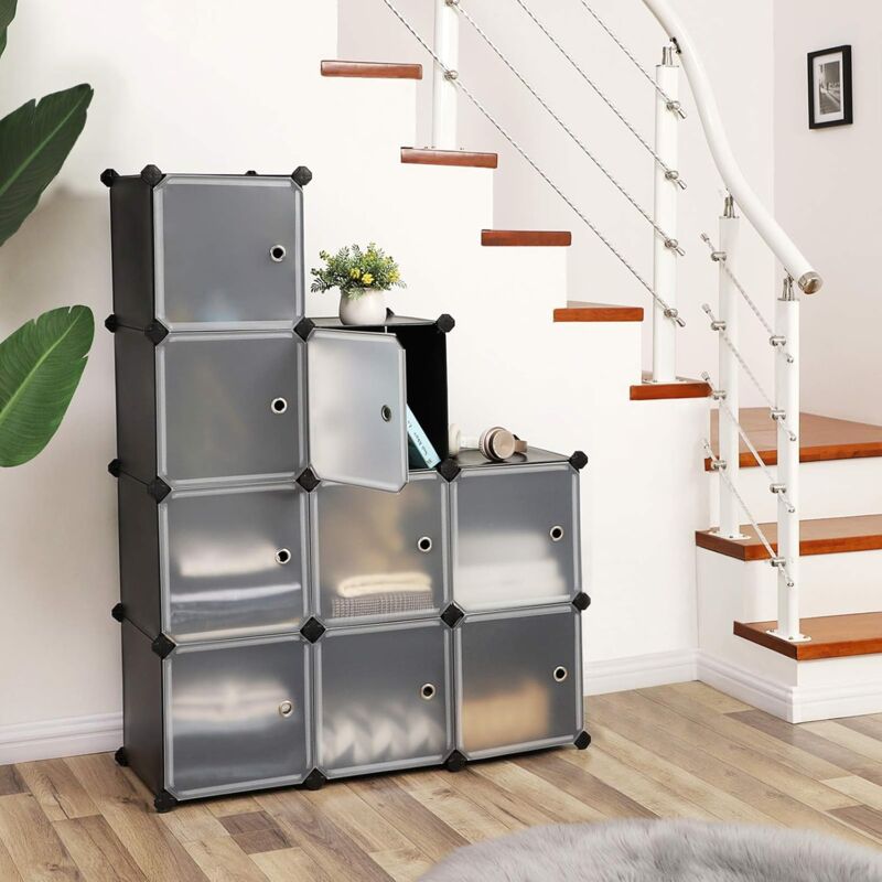 foto del prodotto songmics armadio a 9 cubi, portaoggetti organizzatore, armadietto mobiletto con ante, per abiti scarpe libri, facile da assemblare, nero e bianco