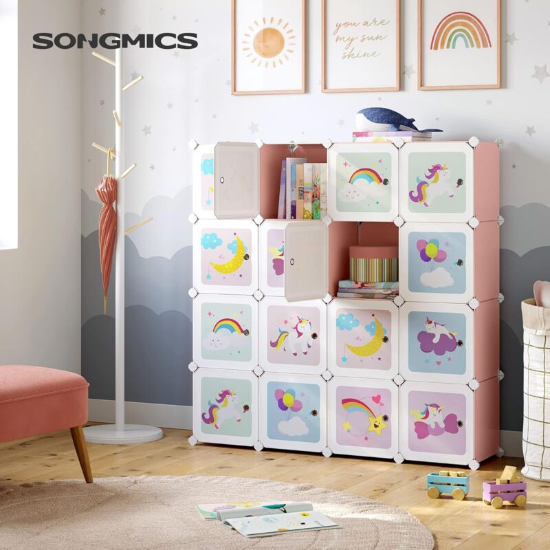 foto del prodotto songmics armadio cameretta, guardaroba modulare a 16 cubi con ante, libreria bambini, scaffale porta giochi in plastica, mobile porta giocattoli,