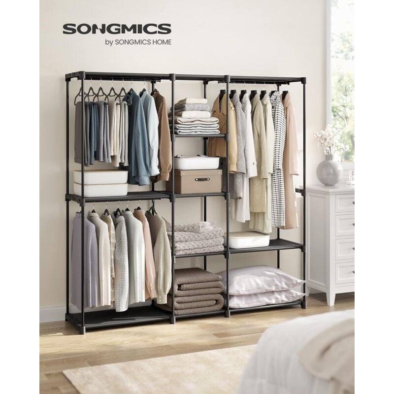 foto del prodotto songmics armadio, guardaroba autoportante, con barre appendiabiti, portabiti ripiani in tessuto, struttura in metallo, 182 x 43 x 182 cm, nero