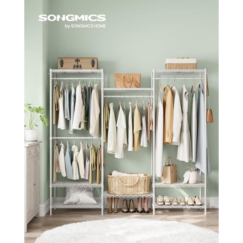foto del prodotto songmics armadio, guardaroba in metallo con ripiani regolabili, barre appendiabiti e ganci, stand appendiabiti resistente, separabile, bianco nuvola