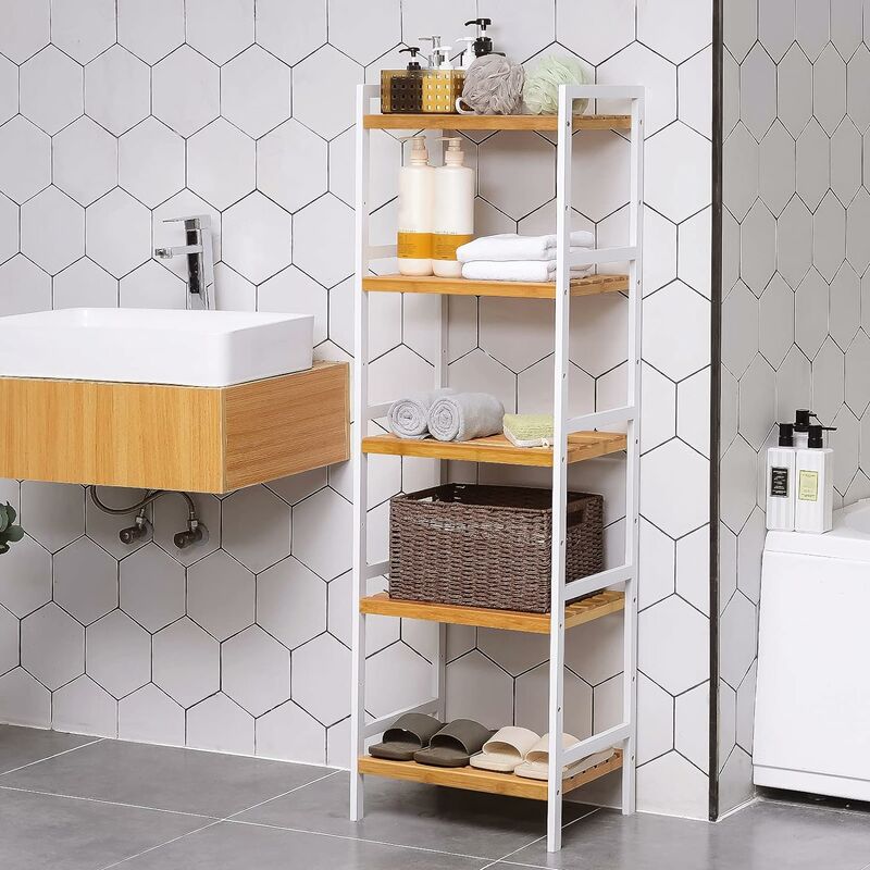 foto del prodotto songmics bcb75wn scaffale in bamb , con 5 ripiani, 45 x 31,5 x 142 cm, ideale per bagno, cucina, soggiorno, camera da letto, balcone, colore bianco