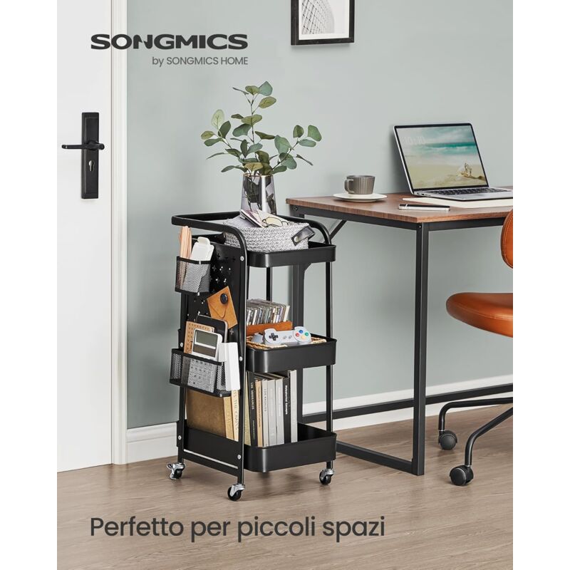 foto del prodotto songmics carrello, carrellino, 3 ripiani in metallo a rete, 2 pannelli forati rimovibili, 2 portaoggetti appesi, 4 ganci, per studio cucina