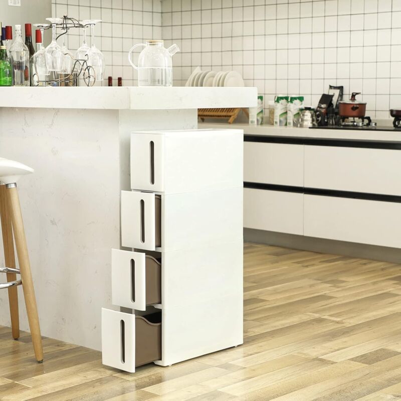foto del prodotto songmics carrello mobile, scaffale portaoggetti stretto con 4 cassetti, carrello da bagno, organizzatore per cucina con rotelle rimovibili, pp,