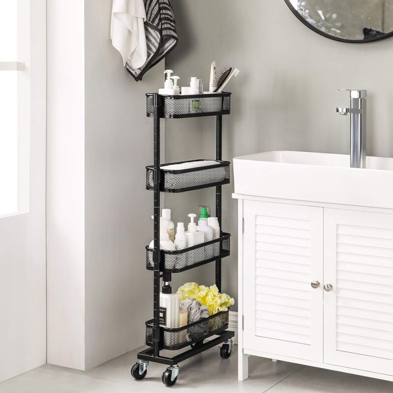 foto del prodotto songmics carrello per piccolo spazio, carrello da bagno e cucina con 4 cesti di filo metallico, salvaspazio, assemblaggio semplice, ufficio,