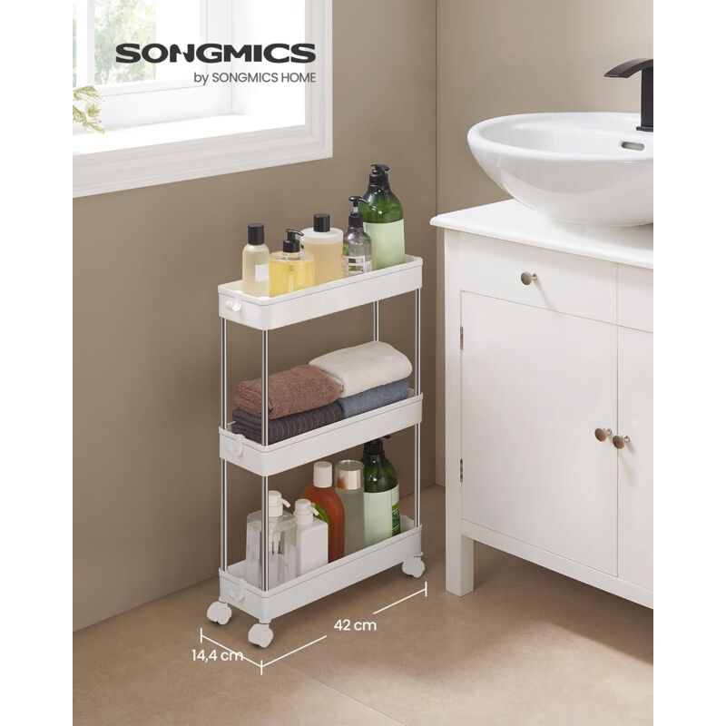 foto del prodotto songmics carrello portaoggetti a 3 livelli, carrello con ruote, carrello da cucina salvaspazio in bagno ufficio, 14,4 x 42 x 60,6 cm, bianco nuvola