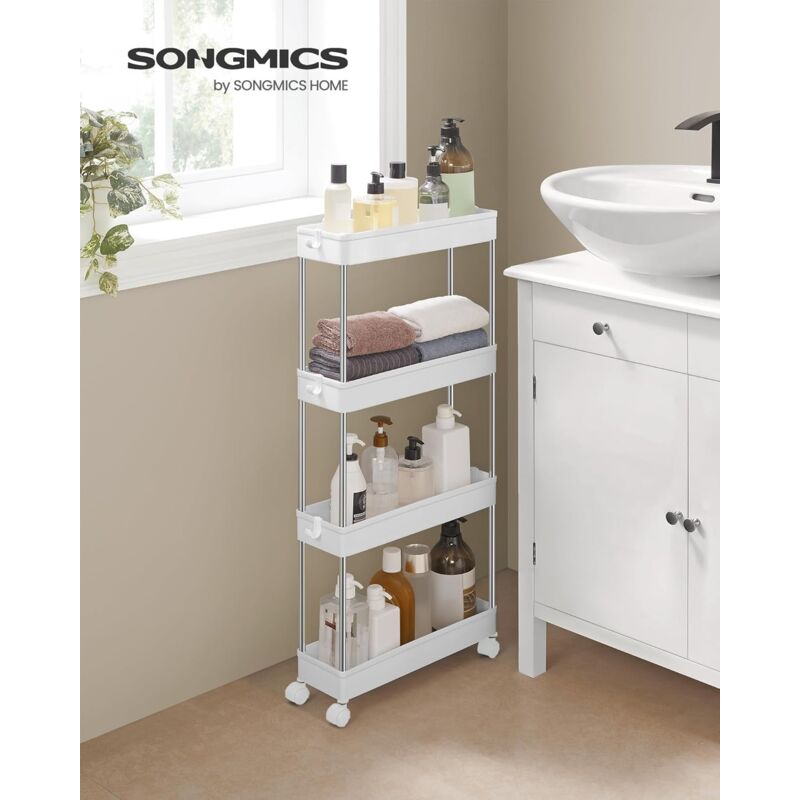 foto del prodotto songmics carrello portaoggetti a 4 livelli, carrello con ruote, carrello da cucina salvaspazio in bagno ufficio, 14,4 x 42 x 86 cm, bianco nuvola