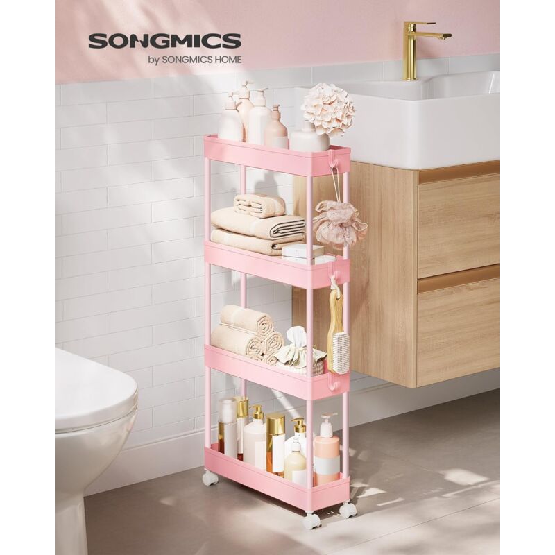 foto del prodotto songmics carrello portaoggetti a 4 livelli, carrello con ruote, carrello da cucina salvaspazio in bagno ufficio, 14,4 x 42 x 86 cm, rosa pastello