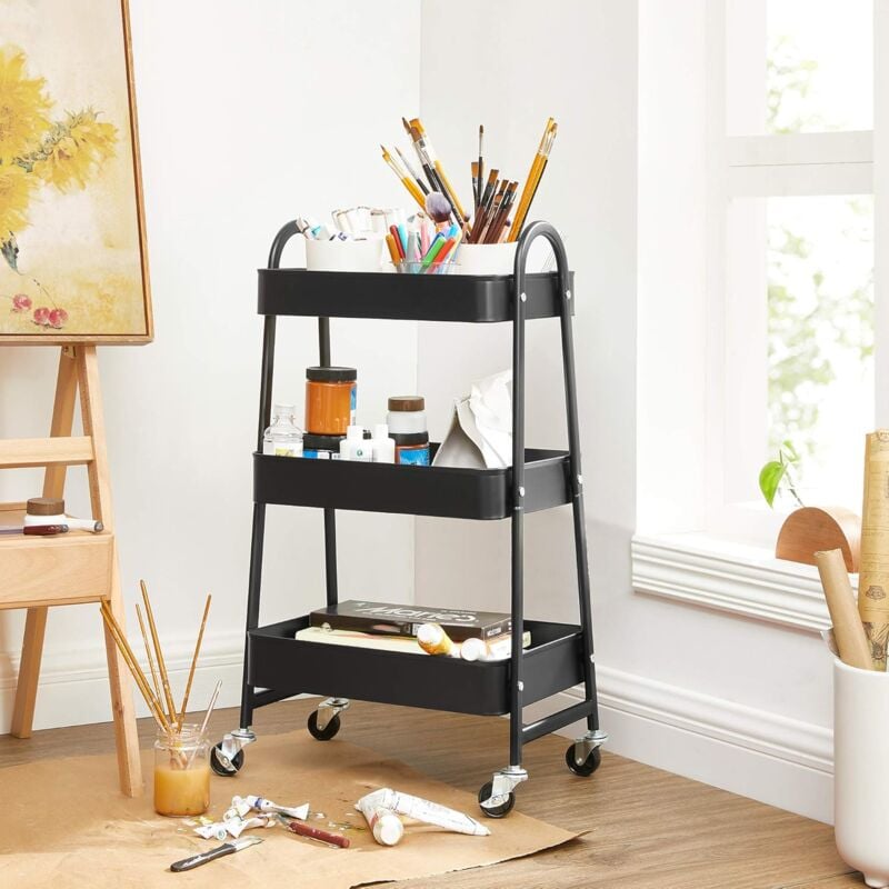 foto del prodotto songmics carrello scorrevole a 3 livelli, portaoggetti di metallo, trolley da cucina con 2 freni e manici, carrello mobile, montaggio facile, per