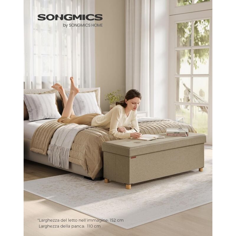 foto del prodotto songmics cassapanca, pouf contenitore, poggiapiedi pieghevole 38 x 110 x 40 cm, ottomano con gambe in legno, regge fino a 300 kg, per soggiorno,