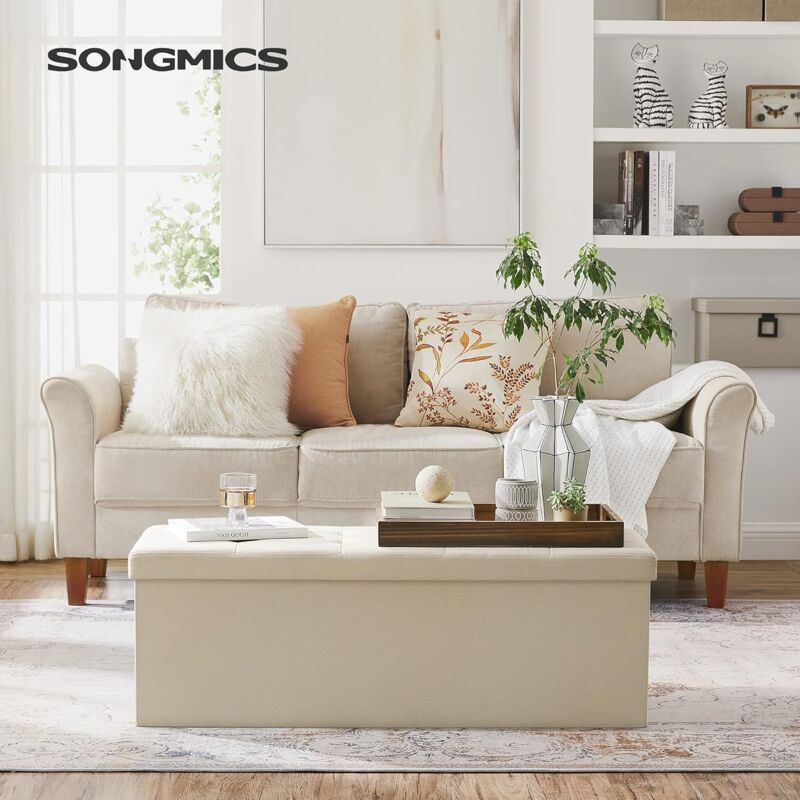 foto del prodotto songmics cassapanca, pouf contenitore, poggiapiedi pieghevole da 38 x 110 x 38 cm, ottomano, regge fino a 300 kg, per soggiorno, camera da letto,