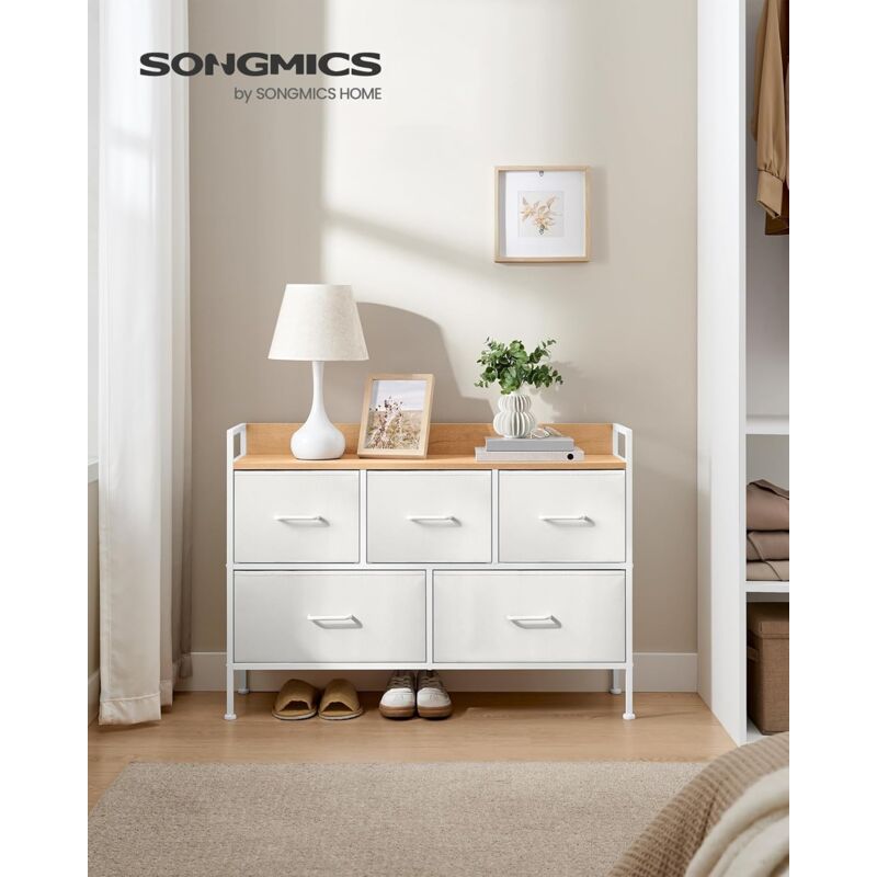 foto del prodotto songmics cassettiera per camera da letto, 5 cassetti in tessuto con maniglie, mobiletto portaoggetti, per soggiorno, corridoio, struttura in acciaio,