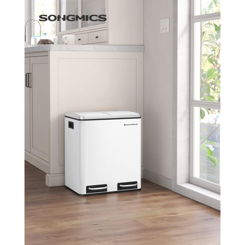 foto del prodotto songmics cestino da cucina, doppio secchio 2 x 15l per raccolta differenziata, pattumiera a pedale, coperchi a chiusura morbida, acciaio, bianco