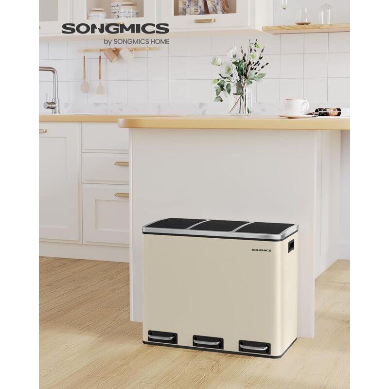 foto del prodotto songmics cestino da cucina, pattumiera per raccolta differenziata 3 x 18l, 3 scomparti per riciclaggio, coperchi a chiusura morbida, pedali,